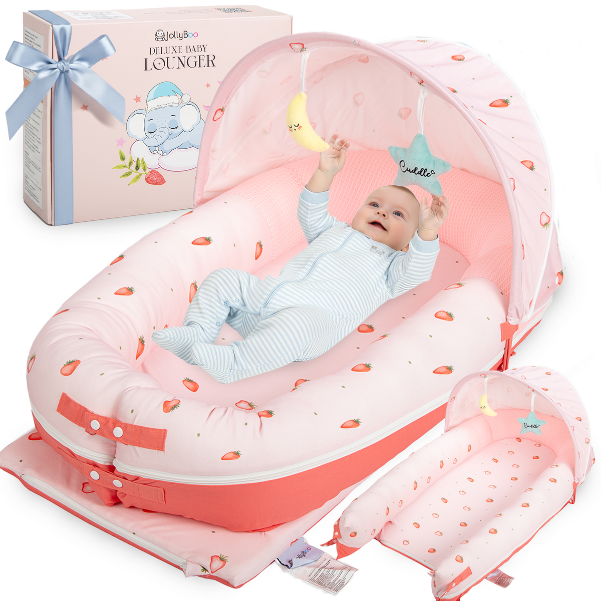 JollyBoo pink strawberry baby lounger with gift box packaging, infant lounger and baby nest with canopy for newborn