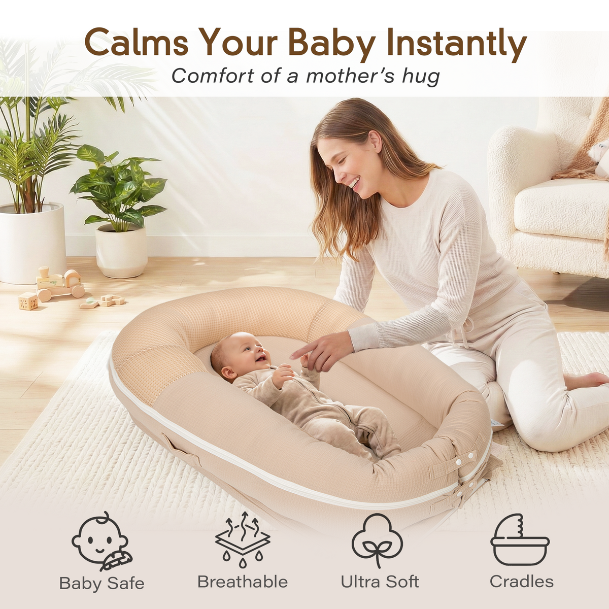 Mother and newborn in JollyBoo beige baby lounger, lounger for newborn baby nest pillow