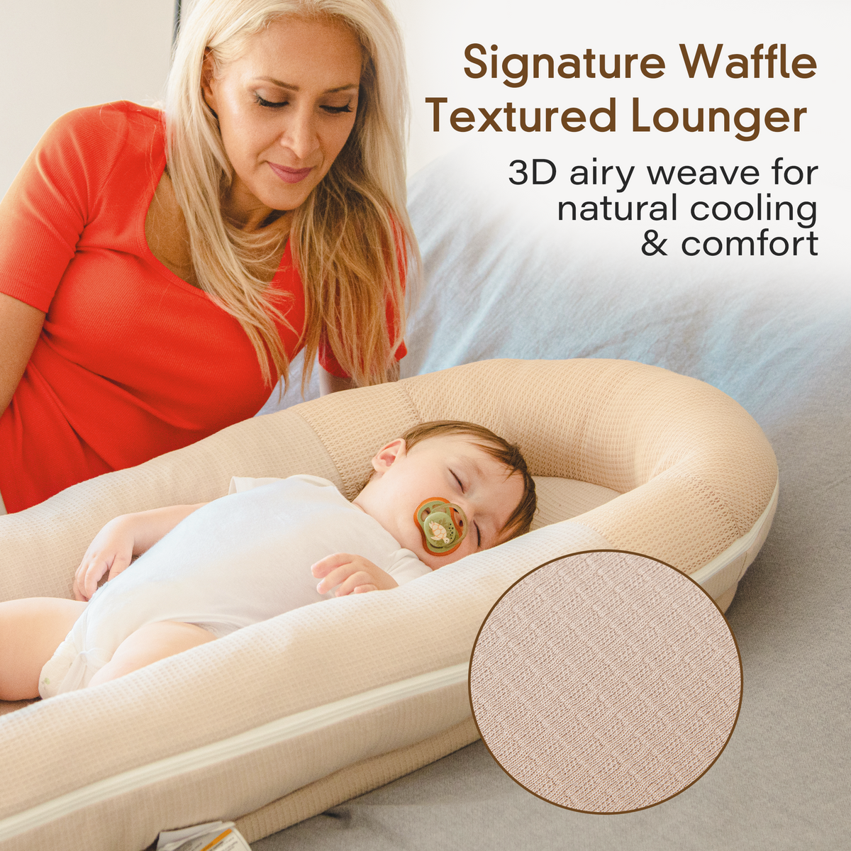 JollyBoo beige newborn lounger pillow, organic infant lounger pillow OEKO-TEX certified cover with waffle texture bamboo and cotton