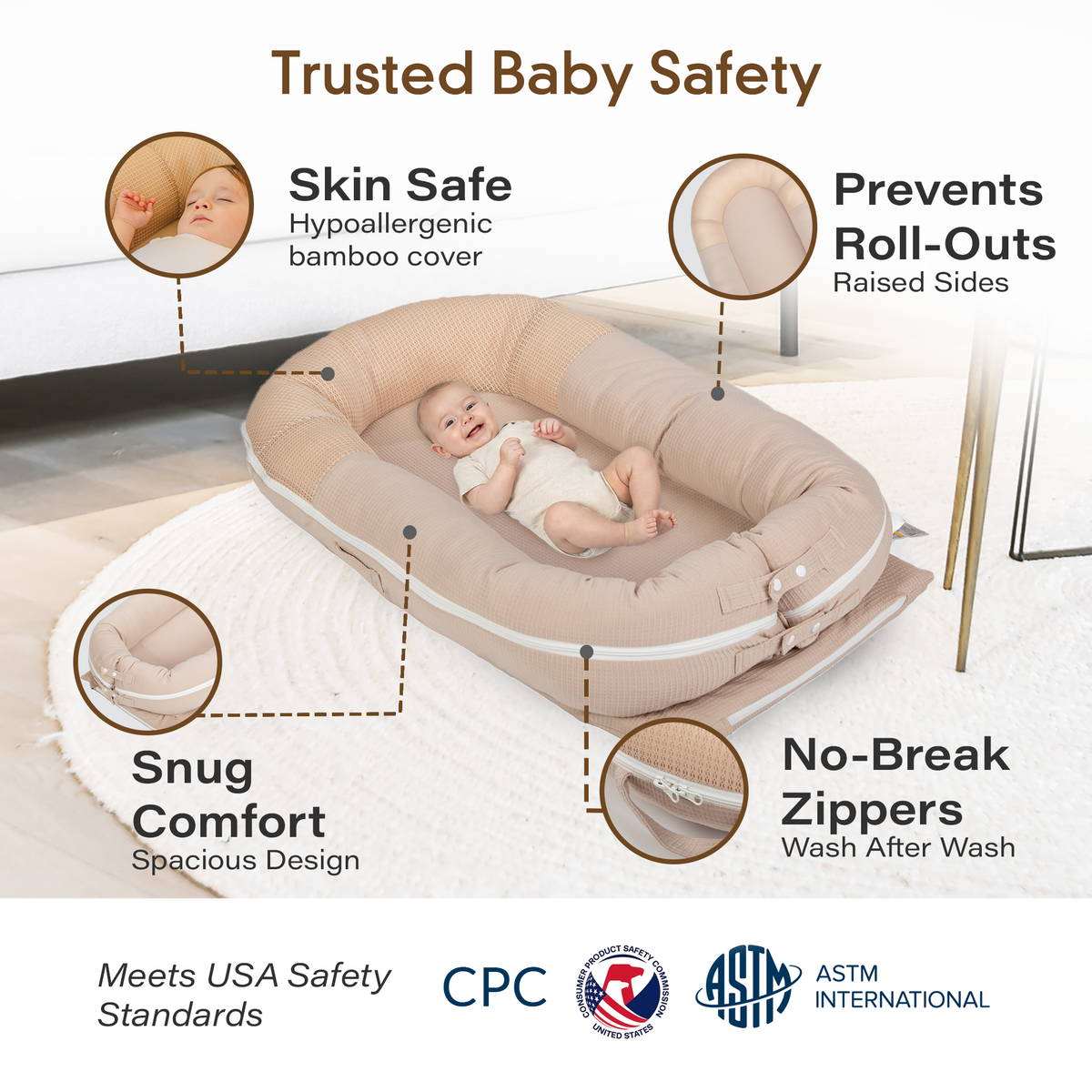 Best infant lounger and baby nest, JollyBoo beige newborn infant lounger with raised side bolsters