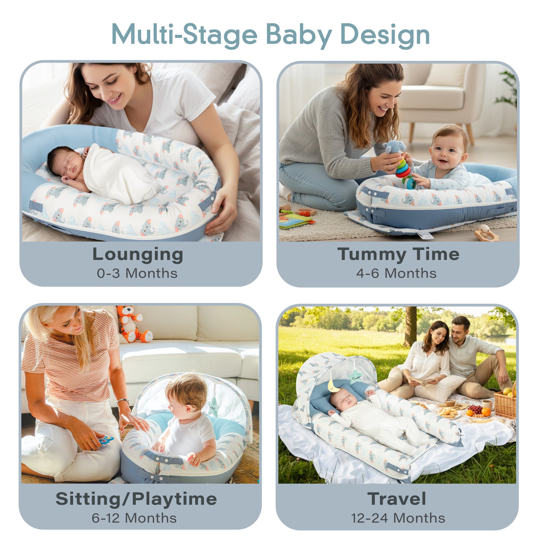 JollyBoo blue elephant infant lounger for newborn lounging, tummy time, sitting playtime and travel from 0 6 12 24 months