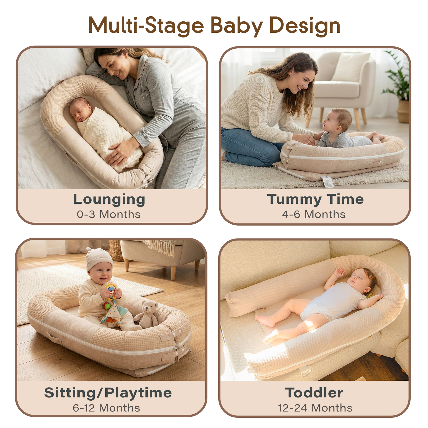 Multi stage baby lounger and infant nest, JollyBoo beige newborn lounger pillow for tummy time and travel