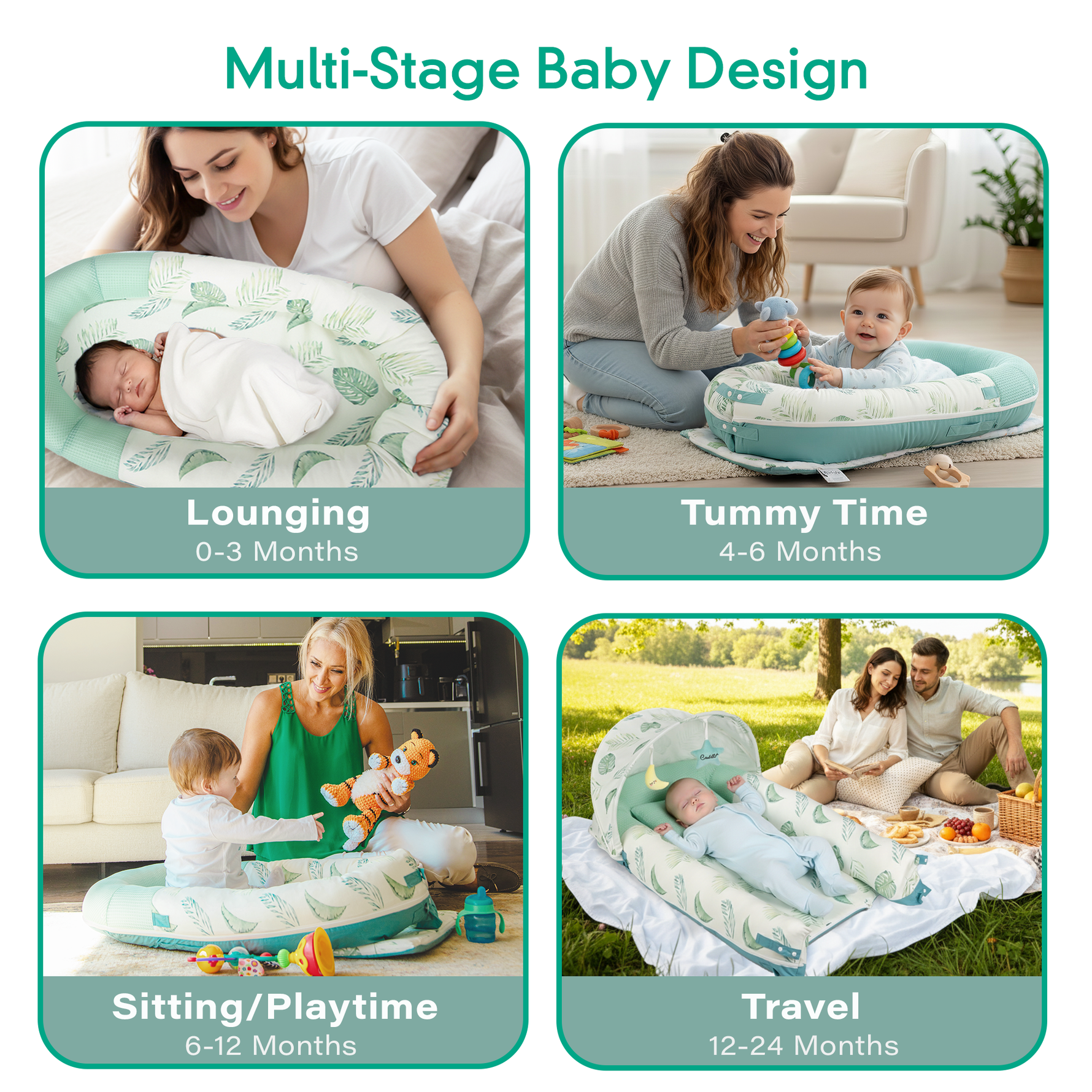 Multi stage baby lounger and infant nest, JollyBoo green leaves lounger newborn lounger pillow for tummy time and travel
