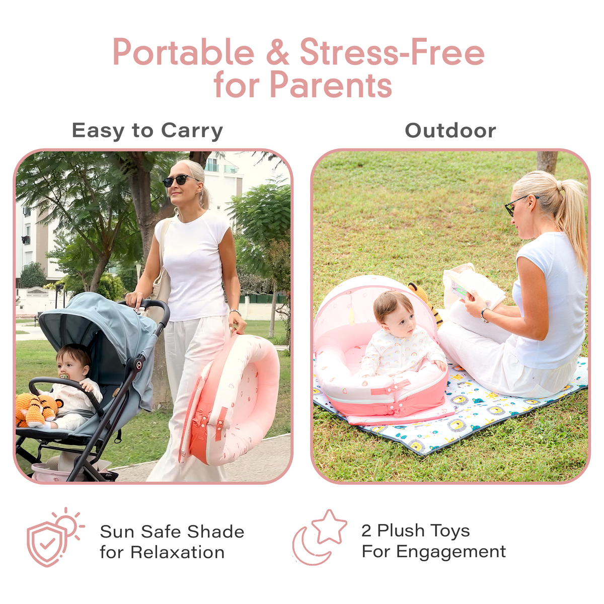 Portable infant lounger with carry handle and sun shade, JollyBoo pink strawberry baby nest for travel and outdoor use