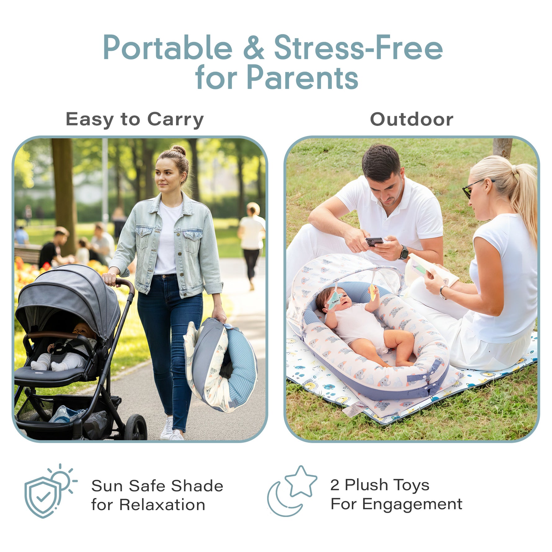 Portable infant lounger and infant portable lounger, JollyBoo blue elephant newborn lounger pillow with sun shade for travel