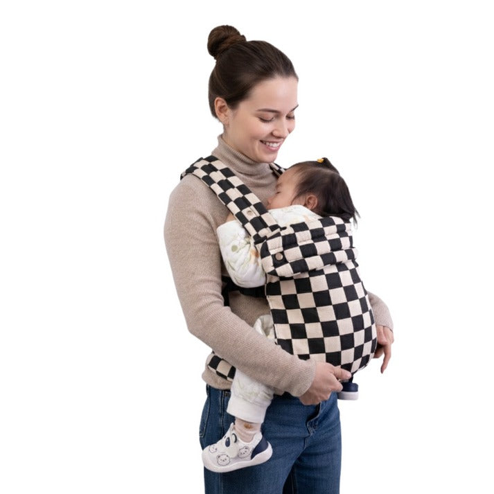 Woman carrying a child in a JollyBoo checkered baby carrier on a white background