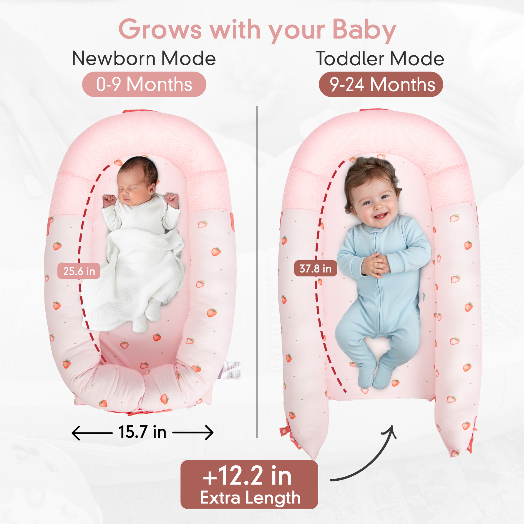 Best infant lounger for newborn to 12 and 24 months, JollyBoo pink strawberry baby nest pillow grows with baby