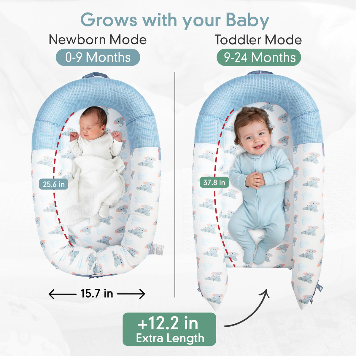 Best infant lounger for newborn to 12 and 24 months, JollyBoo blue elephant baby nest pillow grows with baby