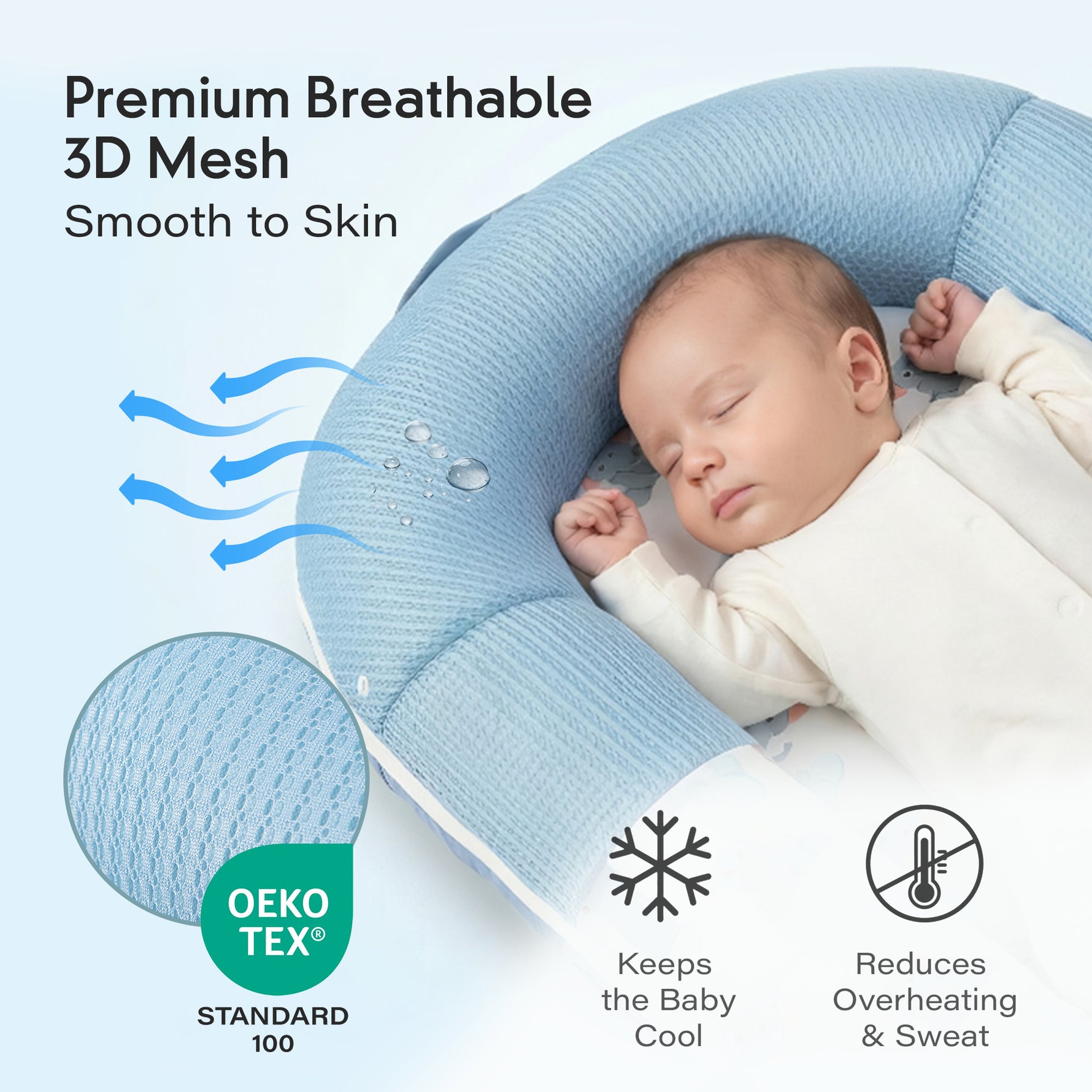 Breathable infant nest with 3D mesh, JollyBoo blue elephant baby lounger OEKO-TEX certified for cool comfort