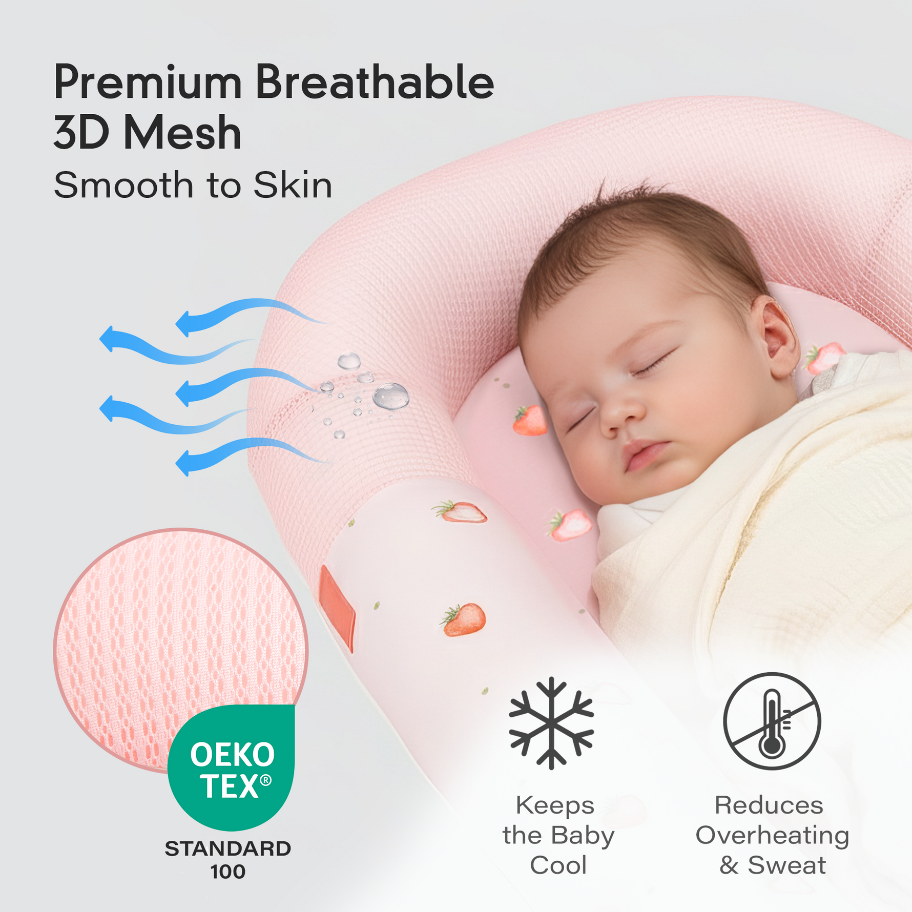 Breathable infant nest with 3D mesh, JollyBoo pink baby lounger OEKO-TEX certified for cool comfort and prevents sweat and overheating