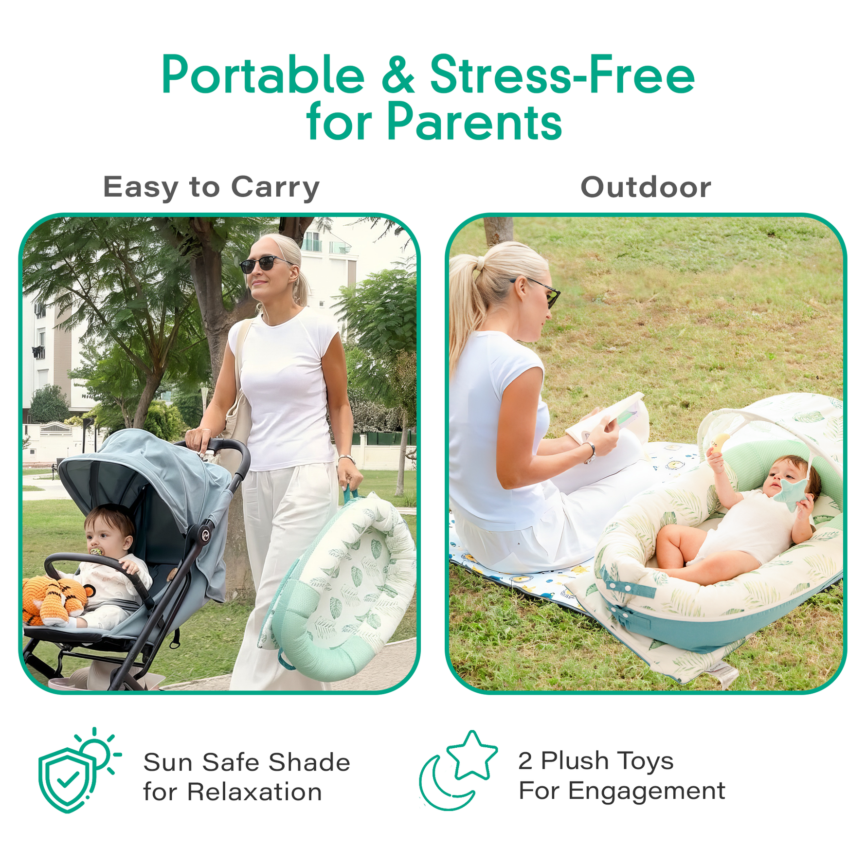 Portable infant lounger with carry handle and sun shade, JollyBoo green leaves baby nest for travel and outdoor use