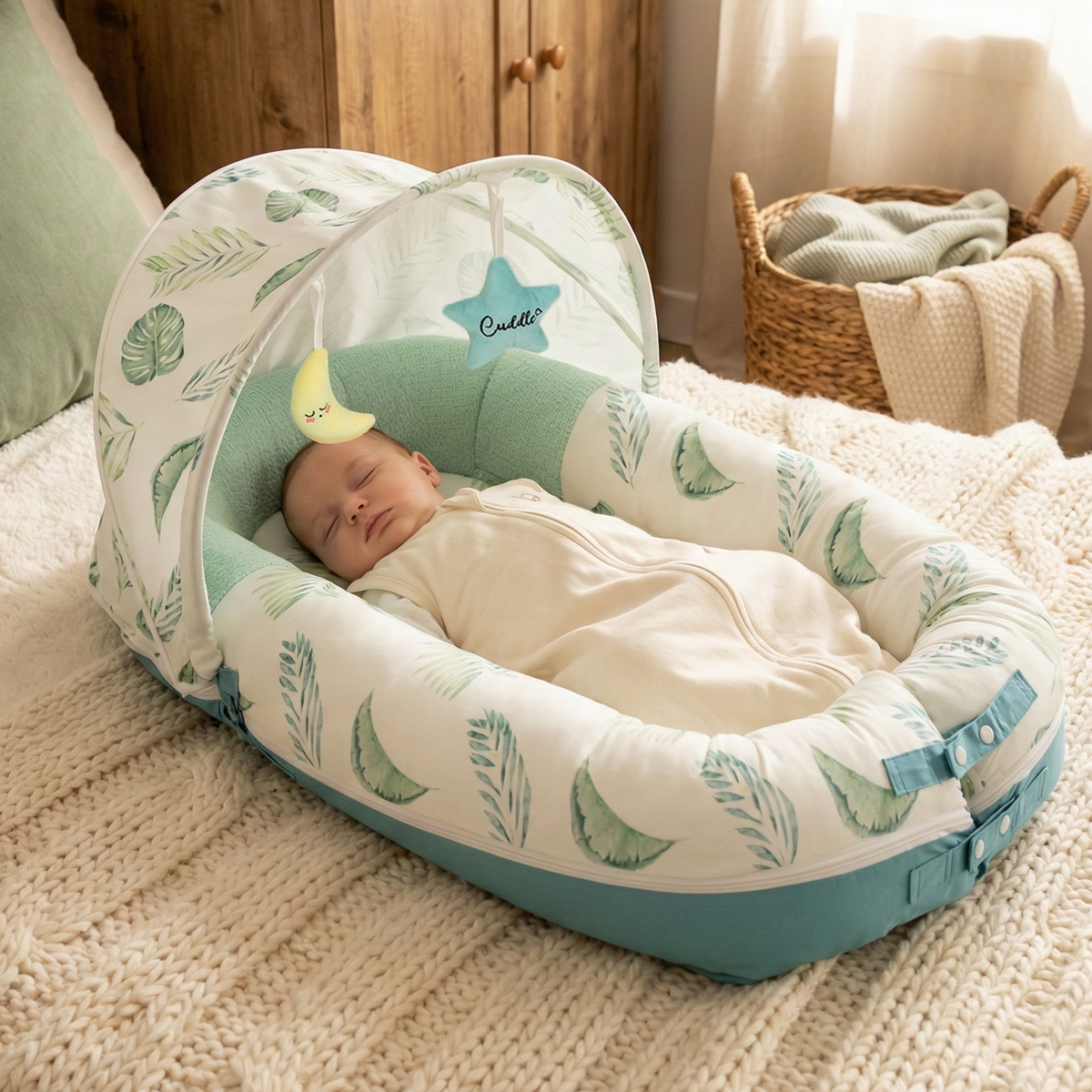 Baby lounger for newborn, JollyBoo green leaves infant lounger pillow and baby nest for parent supervised lounging
