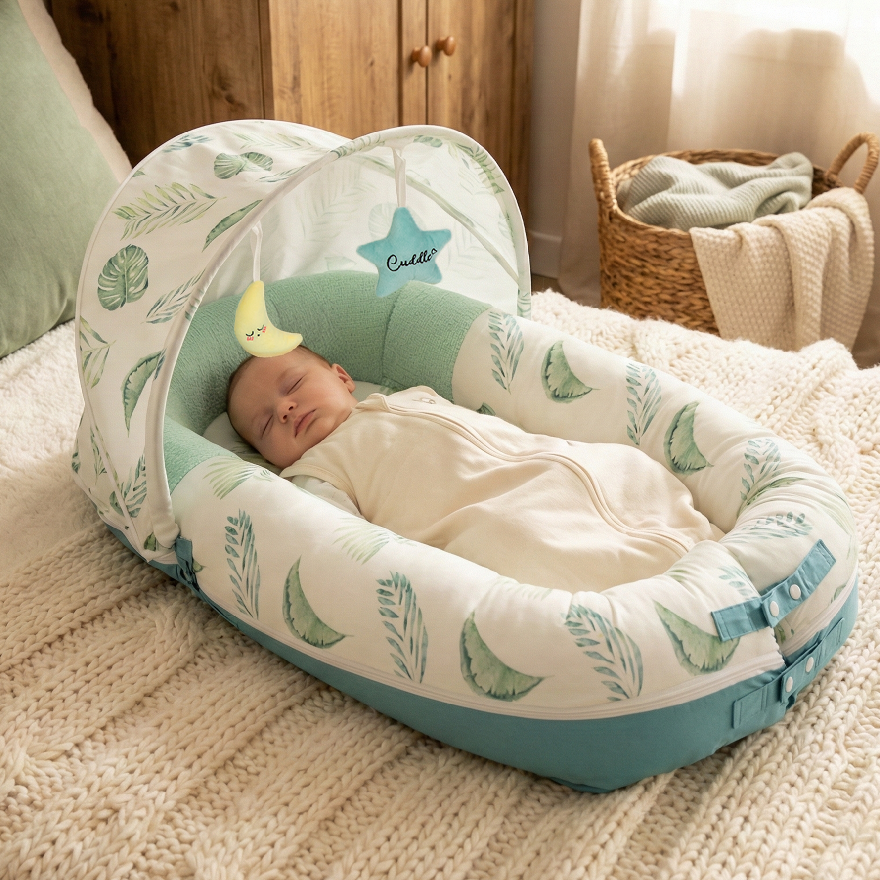 Baby lounger for newborn, JollyBoo green leaves infant lounger pillow and baby nest for parent supervised lounging