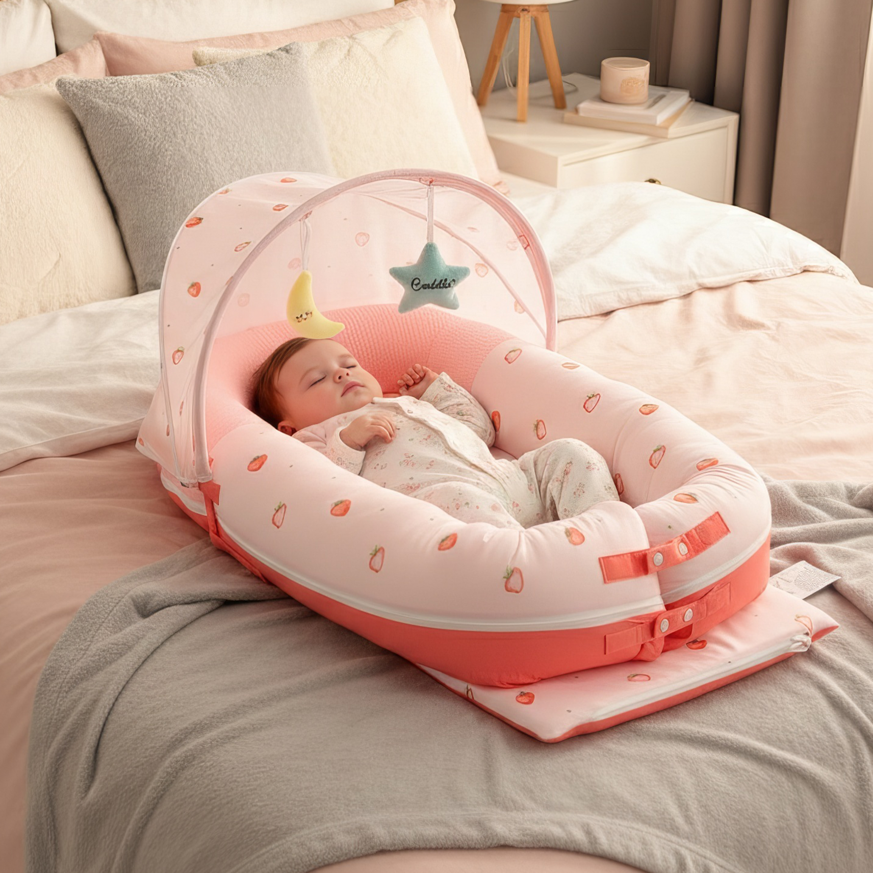Baby lounger for newborn, JollyBoo pink infant lounger pillow and baby nest for parent supervised lounging