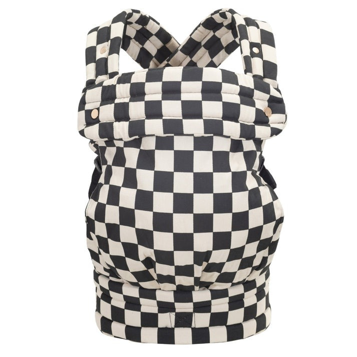 Black and white checkered newborn carrier on a white background