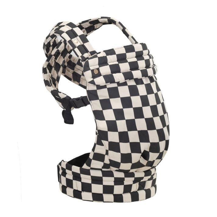 Black and white JollyBoo checkered baby carrier on a white background