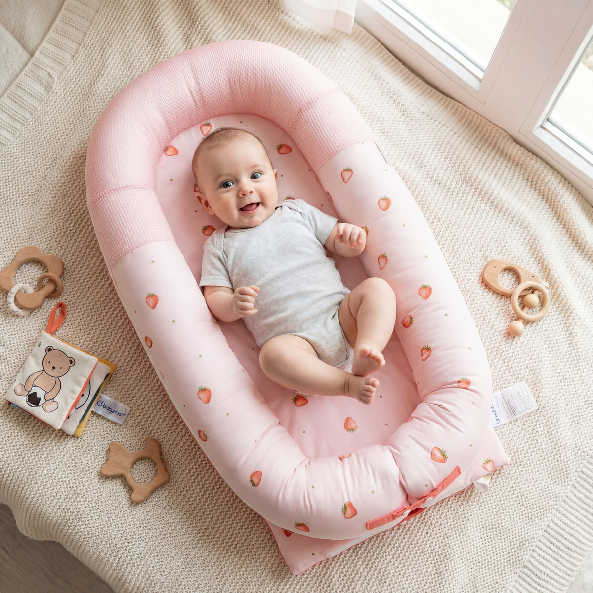 newborn in JollyBoo pink strawberry infant lounger, lounger for newborn baby nest pillow