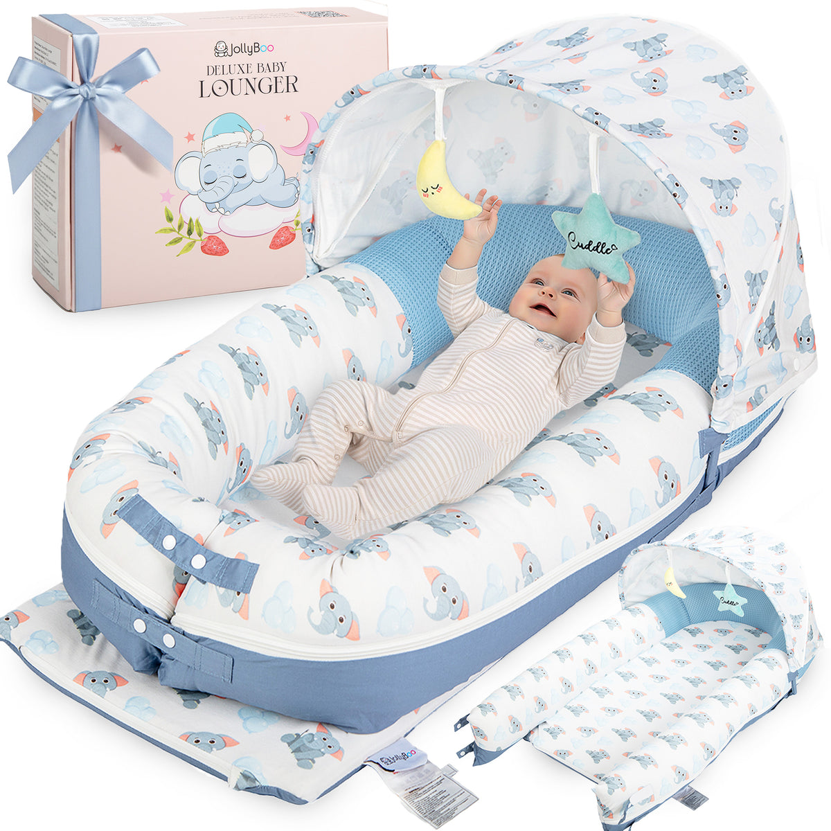 JollyBoo Deluxe Infant Lounger blue elephant baby lounger pillow for newborn