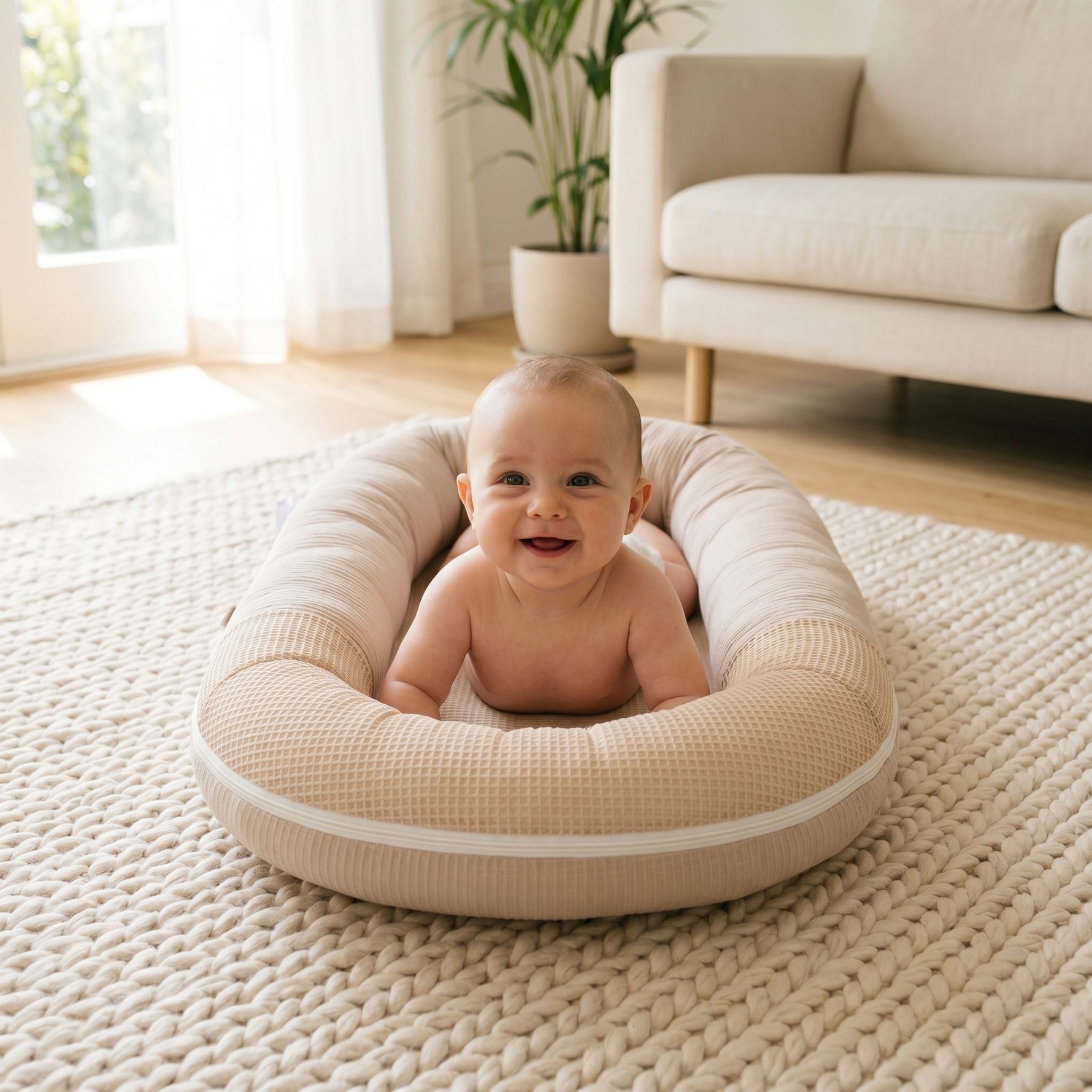 Awake baby doing supervised tummy time in beige newborn lounger on a knit rug