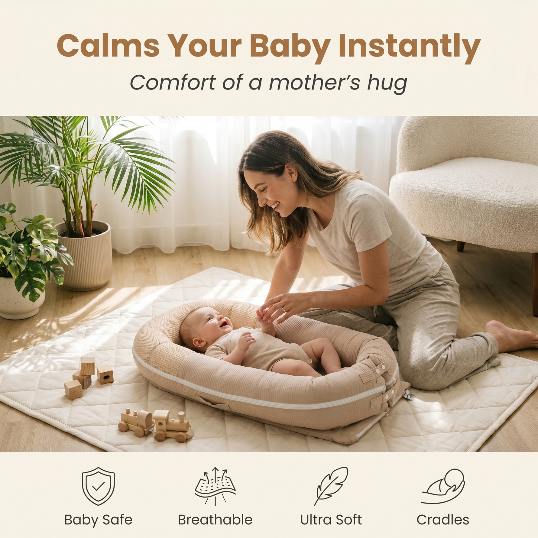 Mother beside awake smiling baby in soft beige bamboo infant lounger on a play mat, baby safe, breathable and ultra soft