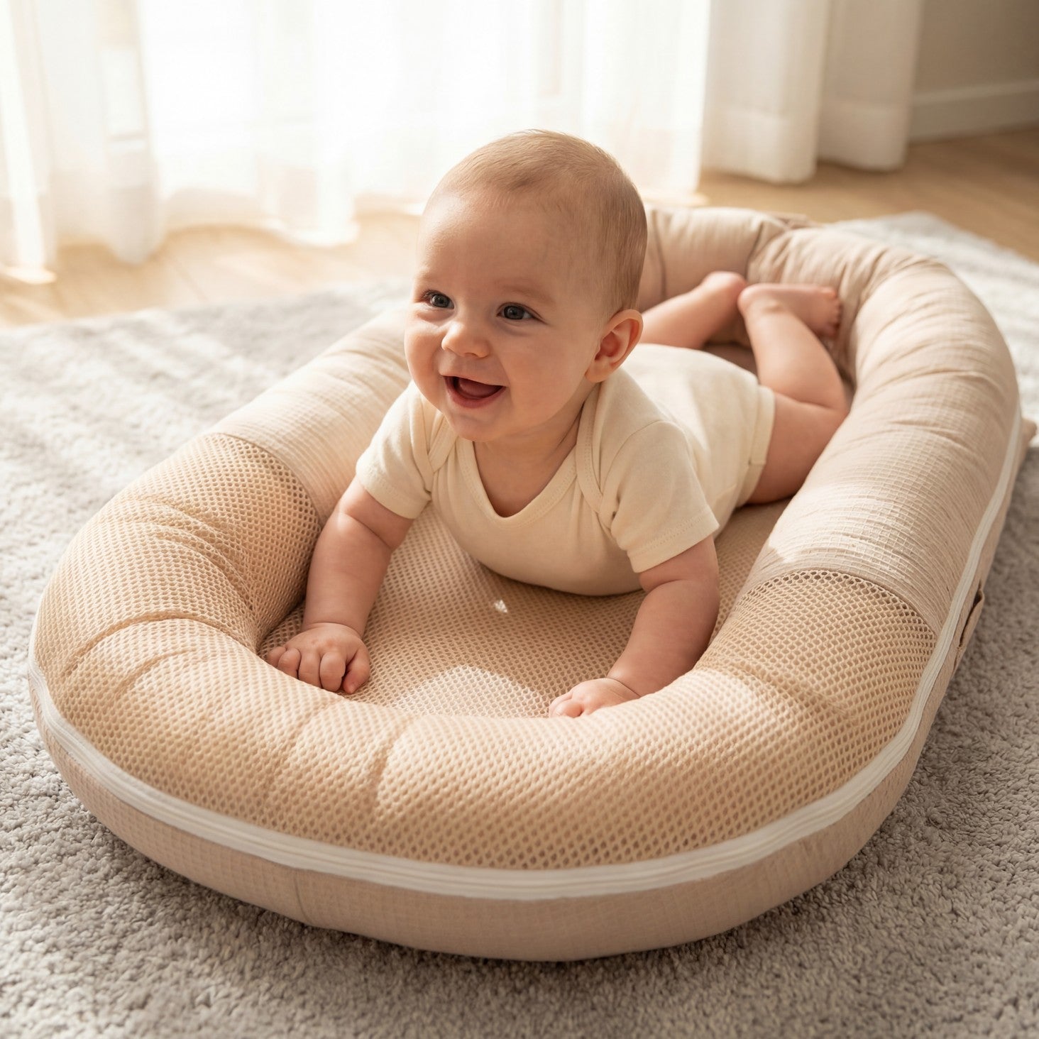 Baby tummy time in JollyBoo beige infant lounger, baby nest pillow with breathable mesh side bolsters