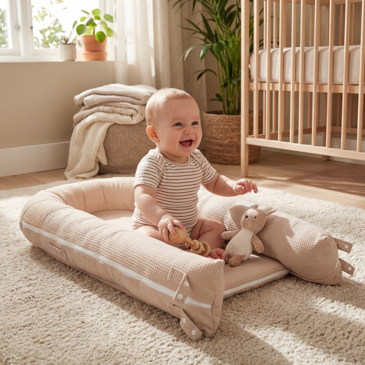 baby playing in adjustable baby lounger pillow for newborn and extandable