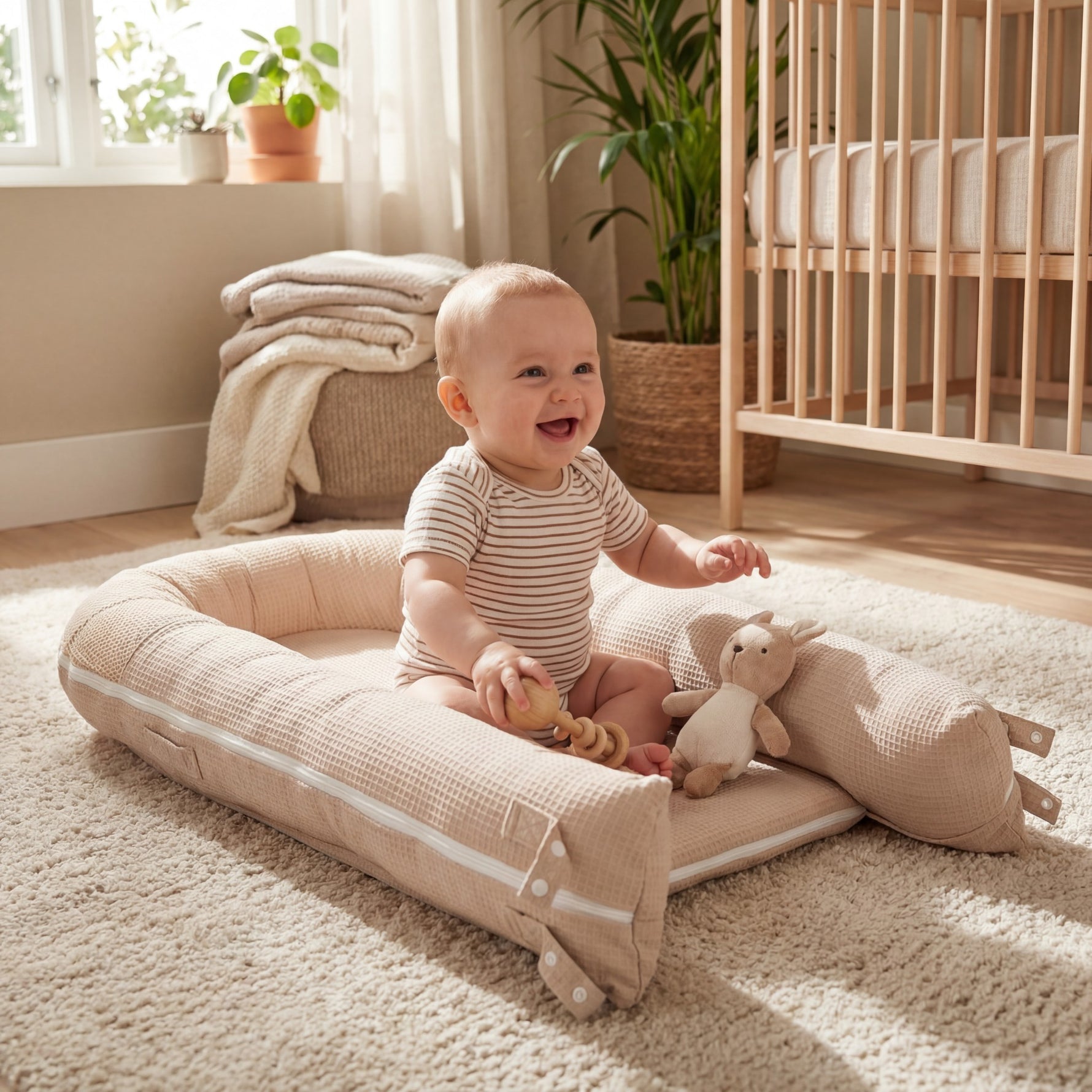 baby playing in adjustable baby lounger pillow for newborn and extandable