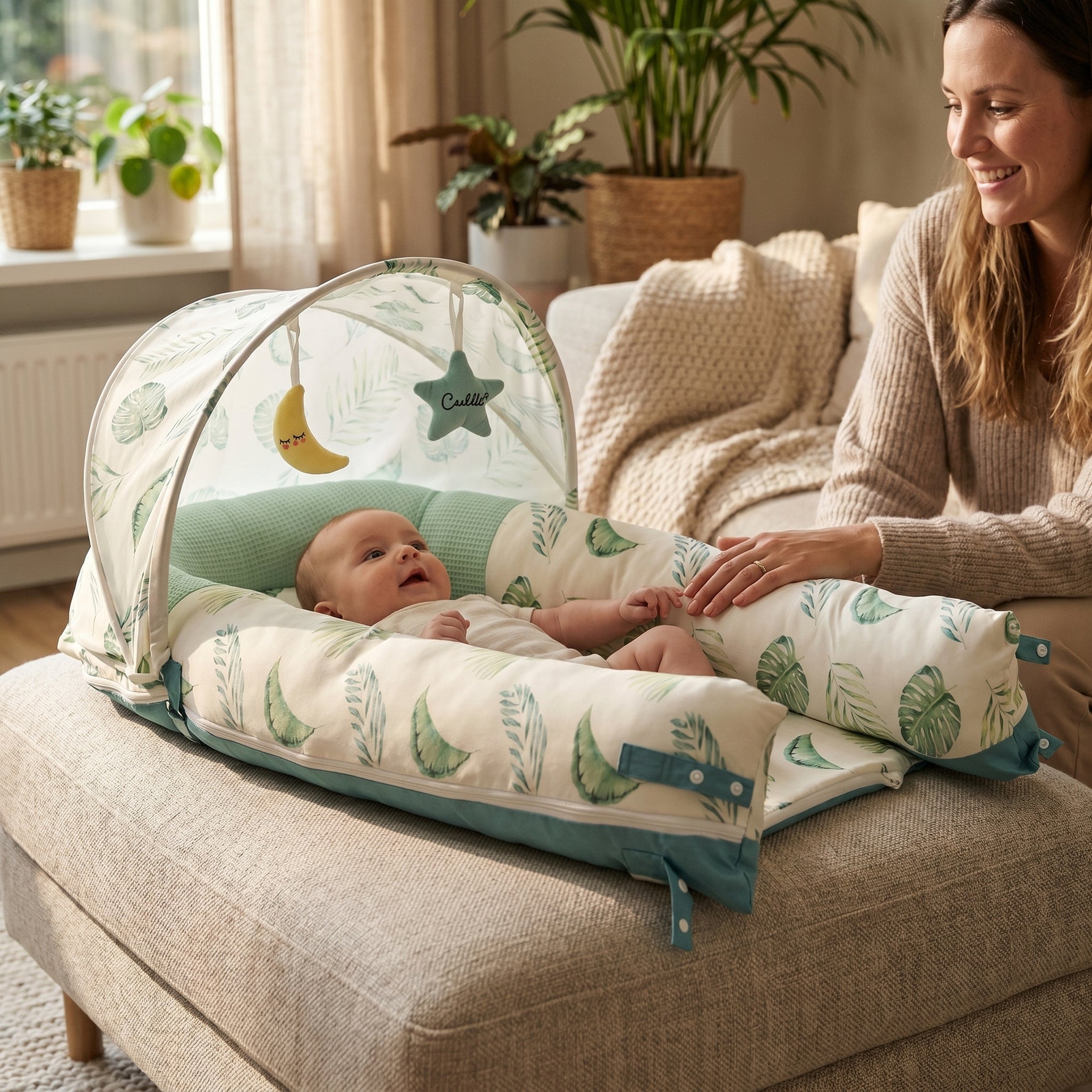 Mother beside awake baby in JollyBoo infant lounger with sunshade and moon and star toys, Sage Leaves print