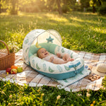 Portable infant lounger for travel, JollyBoo green leaves baby lounger and newborn lounger pillow with canopy outdoor