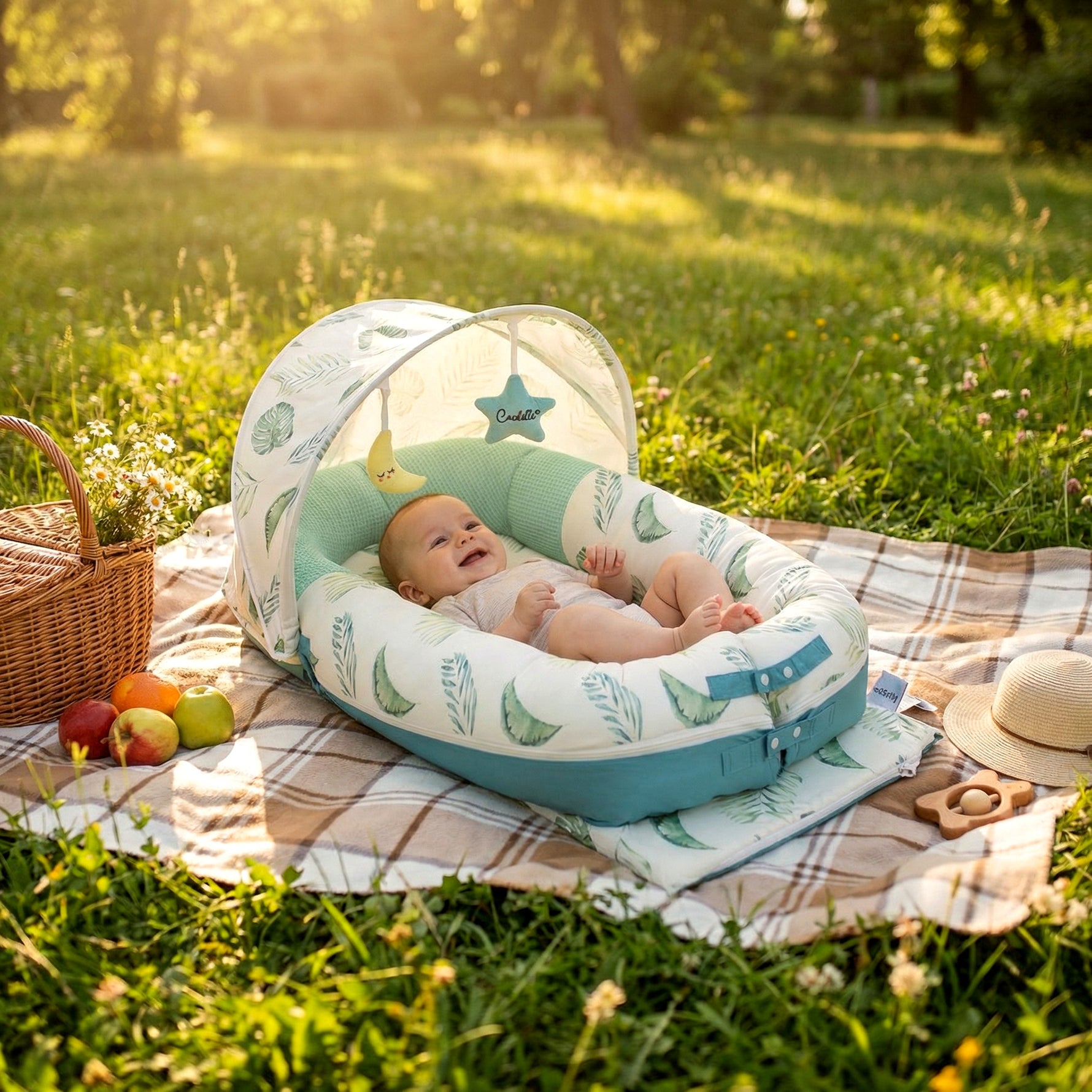Portable infant lounger for travel, JollyBoo green leaves baby lounger and newborn lounger pillow with canopy outdoor