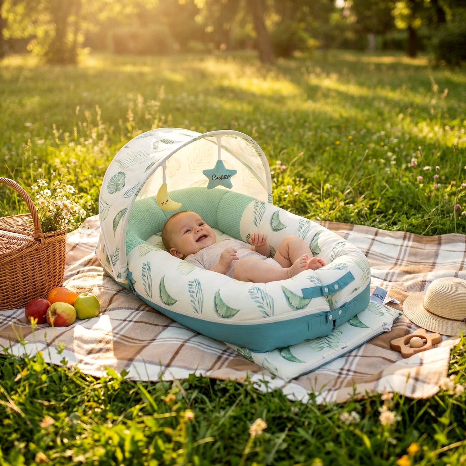 Baby in a portable crib with canopy on a grassy field