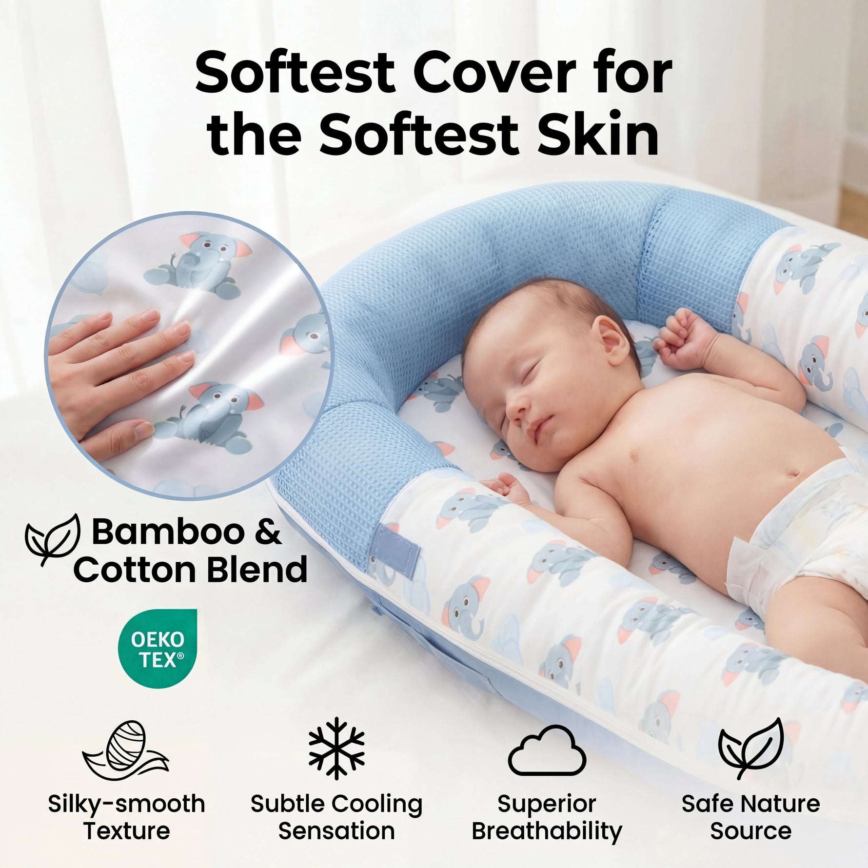 baby sleeping in a breathable baby lounger for newborn made with a buttery-soft washable bamboo and cotton blend.